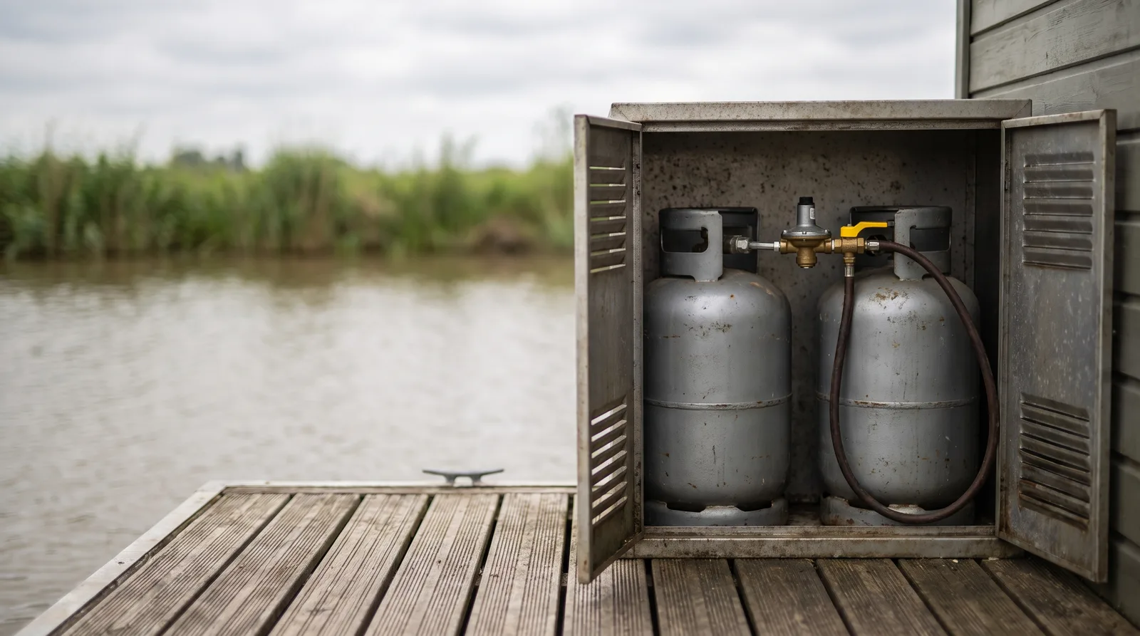 Offener Gaskasten auf dem Holzdeck eines Hausboots mit zwei grauen Gasflaschen, Druckregler, gelbem Absperrhahn und Schlauch