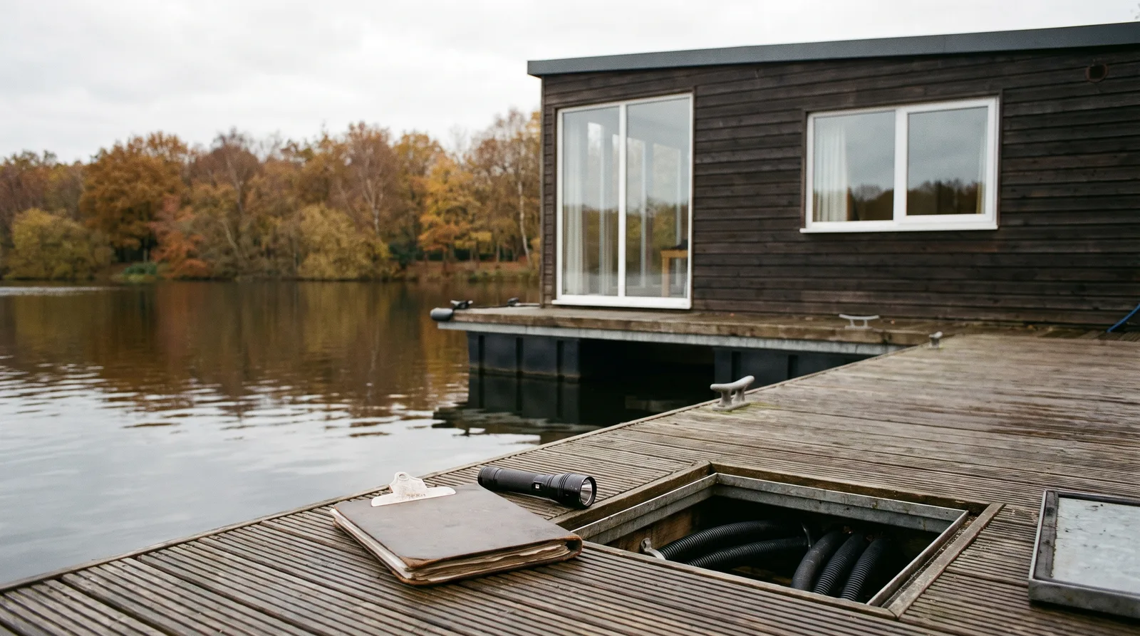 Gepflegtes Hausboot mit dunkler Holzverkleidung und großen Fenstern an einem Holzsteg an einem ruhigen See, auf dem Steg eine Mappe und eine Taschenlampe neben einer geöffneten Inspektionsluke