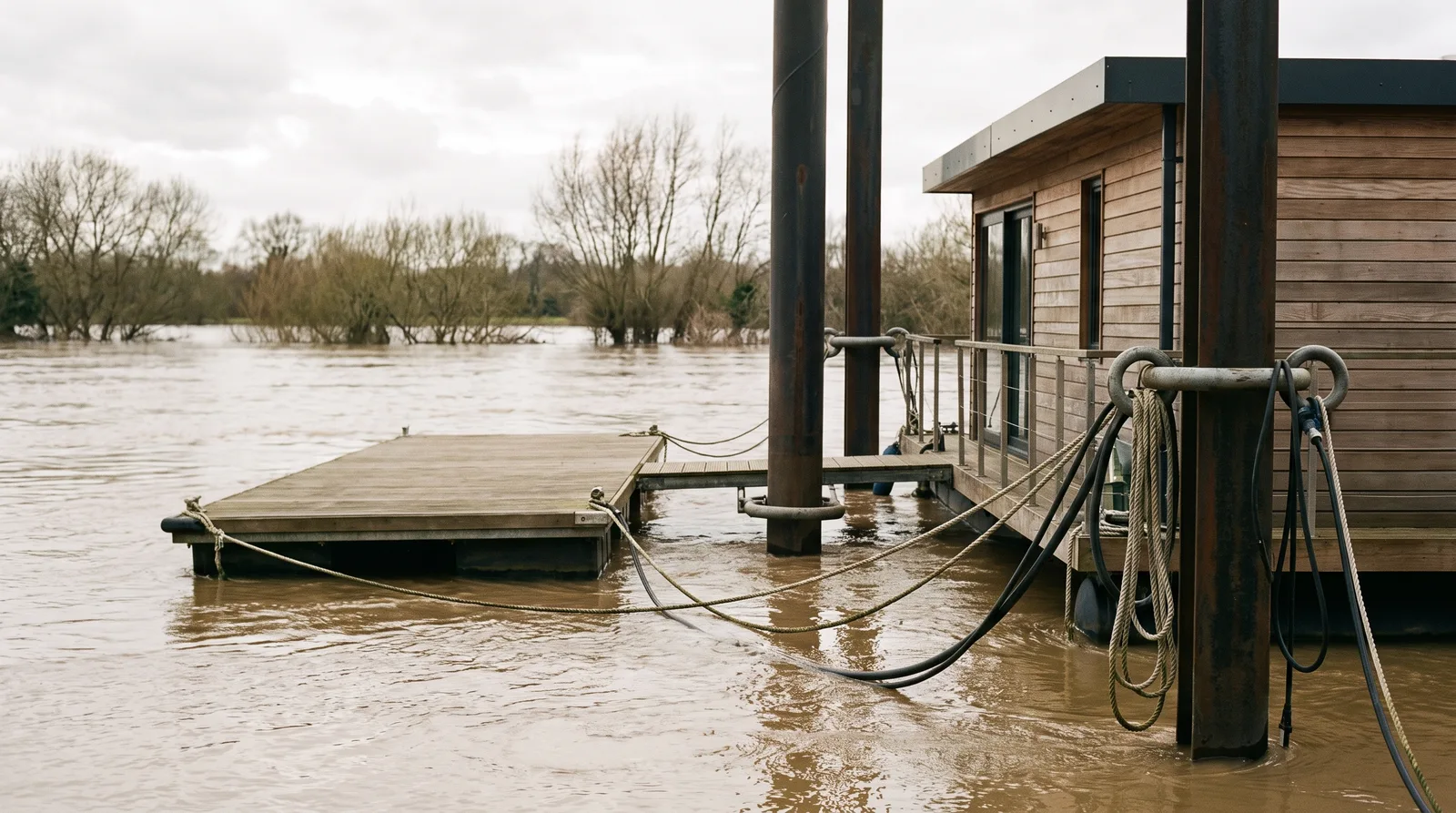 Modernes Hausboot bei Hochwasser auf einem Fluss, festgemacht an hohen Stahldalben mit Gleitringen, daneben ein angehobener Schwimmsteg und flexible Versorgungsleitungen in Schlaufen