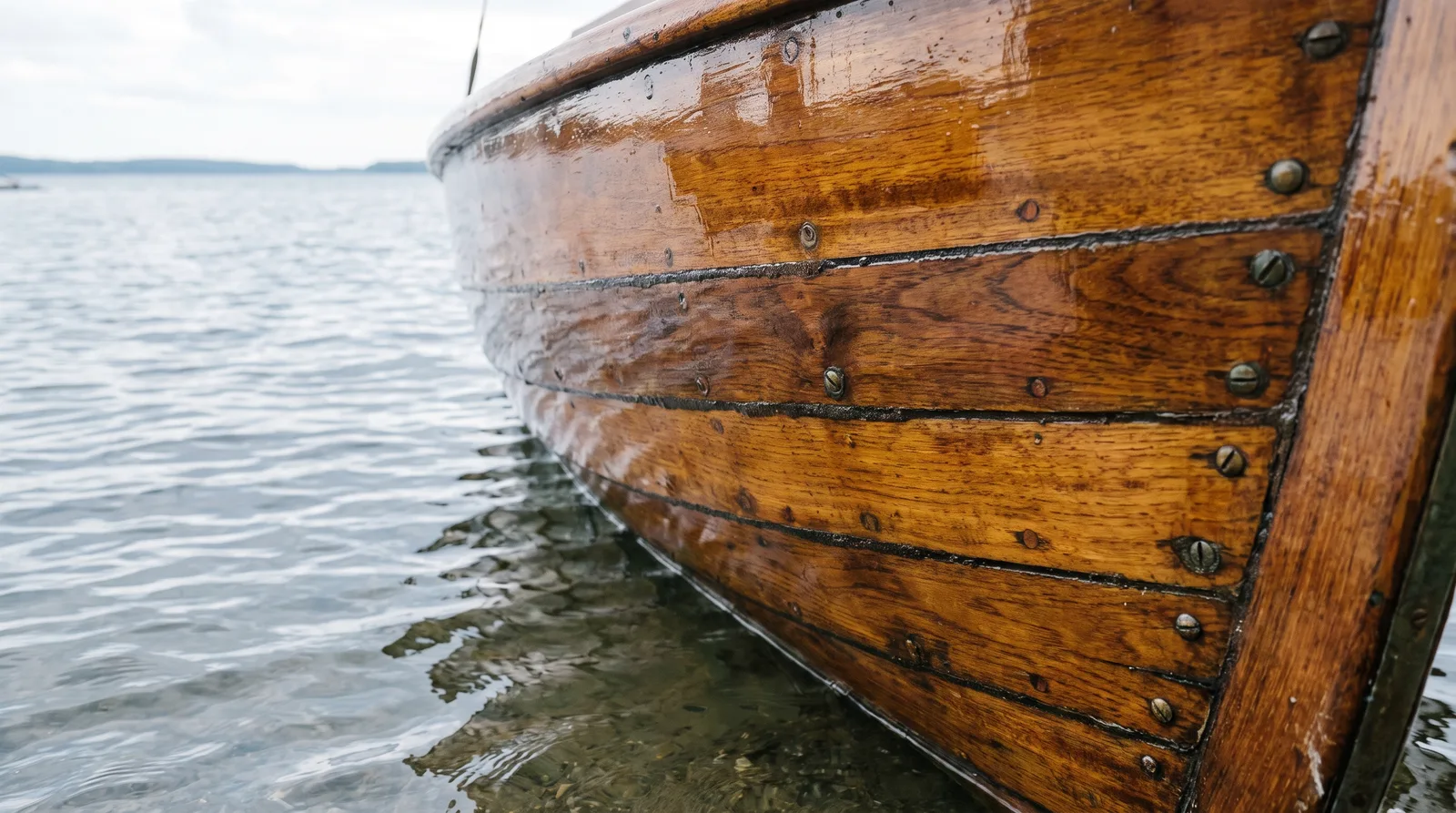 Nahaufnahme der lackierten Holzbeplankung eines gepflegten Bootsrumpfes an der Wasserlinie mit Nähten und Bronzeschrauben