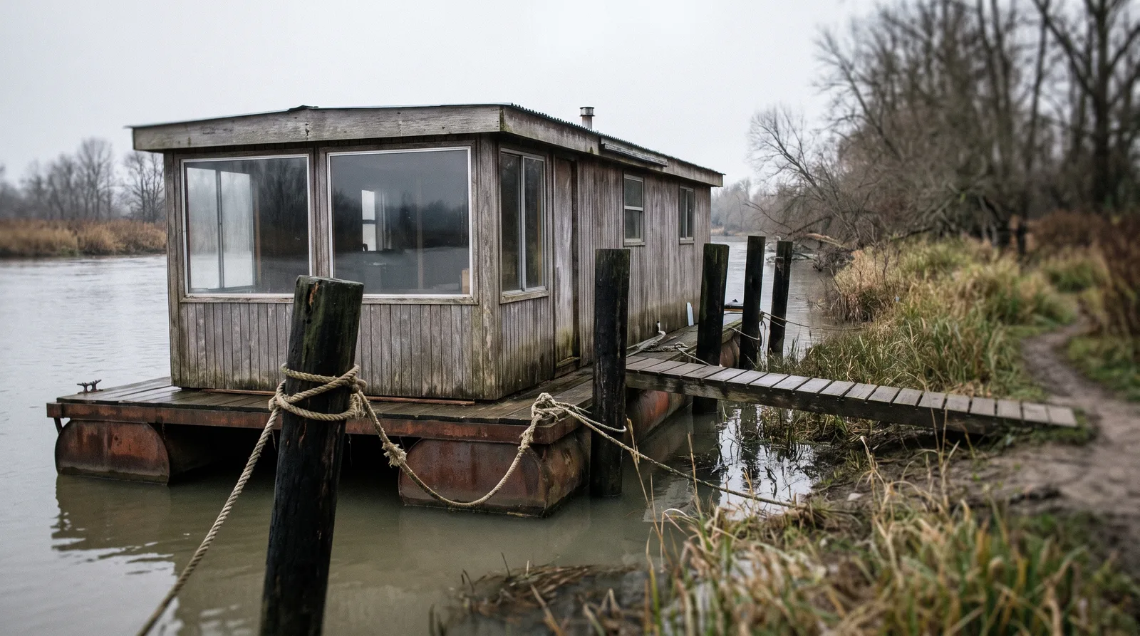 Ein schlichtes Hausboot ohne Motor liegt an Holzdalben am Flussufer, eine schmale Gangway führt an Land