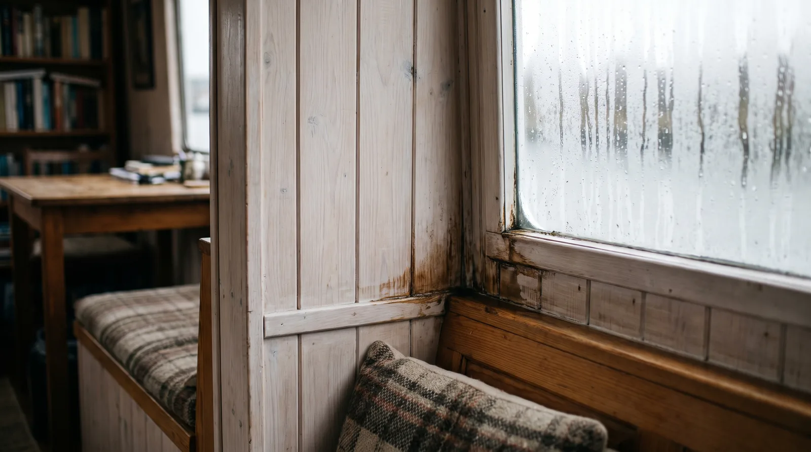 Innenecke eines Hausbootes mit beschlagener Fensterscheibe, dunklen Feuchtespuren an der Holzverkleidung und Sitzbank