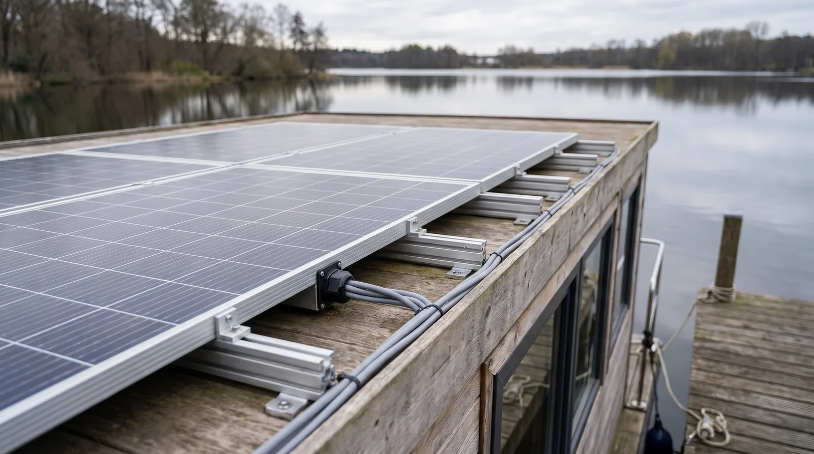 Solarmodule auf Aluminiumschienen auf dem Flachdach eines gepflegten Hausbootes an einem Holzsteg, dahinter ein ruhiger See und Bäume am Ufer