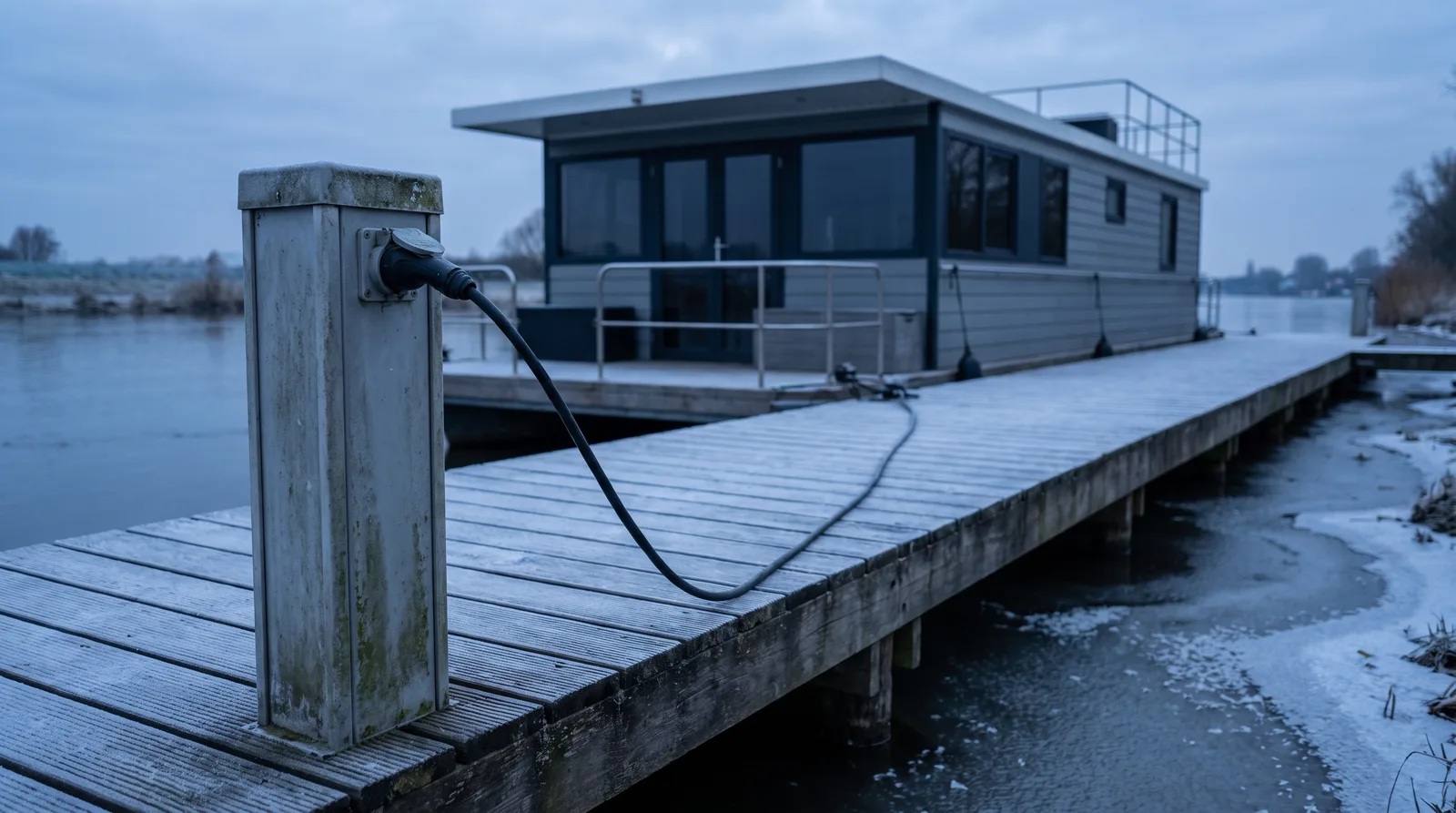 Landstromsäule mit eingestecktem Kabel auf einem bereiften Holzsteg, dahinter ein modernes Hausboot und dünnes Eis am Ufer in der Dämmerung