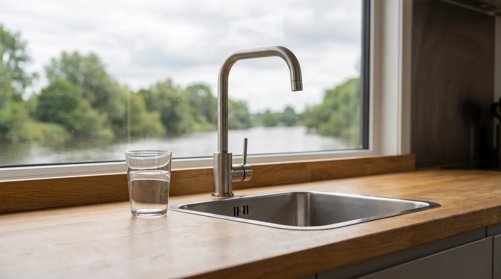 Pantry eines gepflegten Hausboots mit Edelstahlarmatur, einem Glas Wasser auf der Holzarbeitsplatte und Blick durch das Fenster auf einen ruhigen Fluss