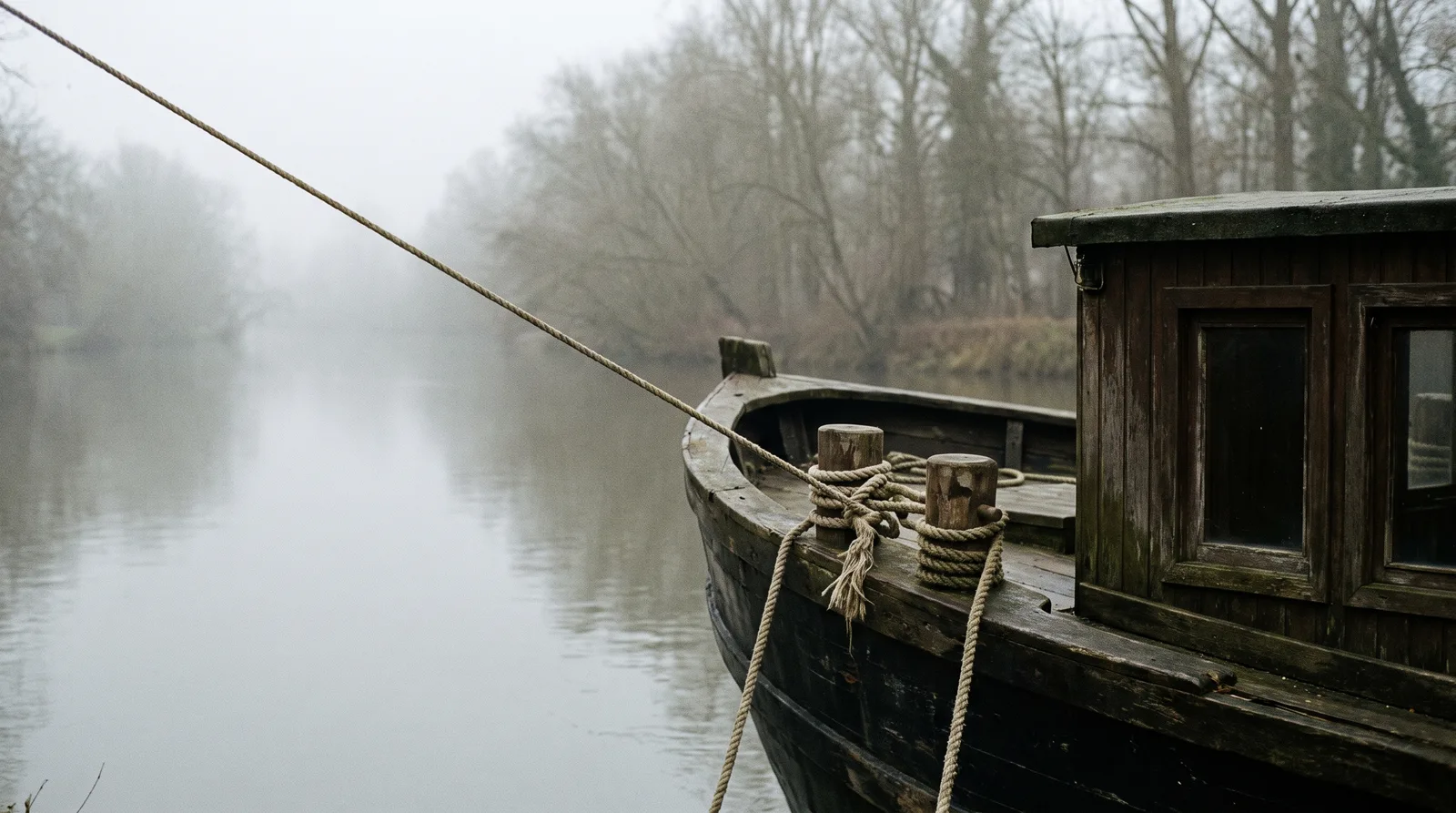 Bug eines hölzernen Hausboots auf einem nebligen Fluss, an zwei Pollern belegt eine straffe Schleppleine, die aus dem Bild führt