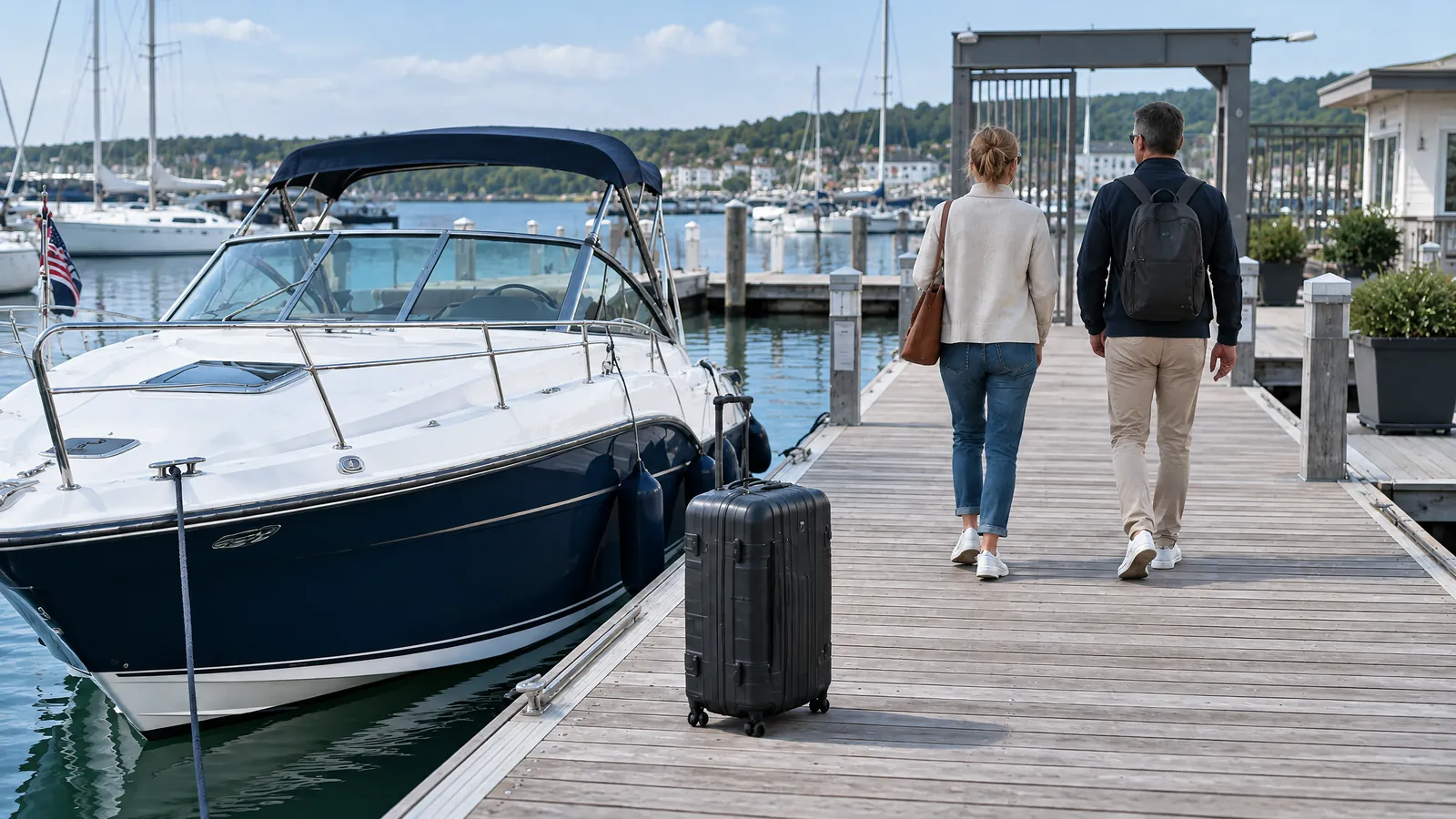 Ein Motorboot liegt in einer fremden Marina, davor ein Koffer, ein Paar geht über den Steg zum Ausgang