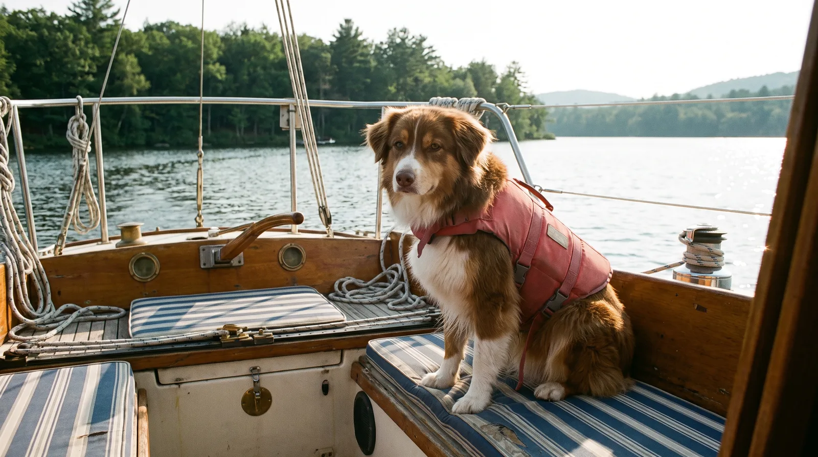 Hund mit roter Hunderettungsweste im Cockpit einer Segelyacht auf einem See