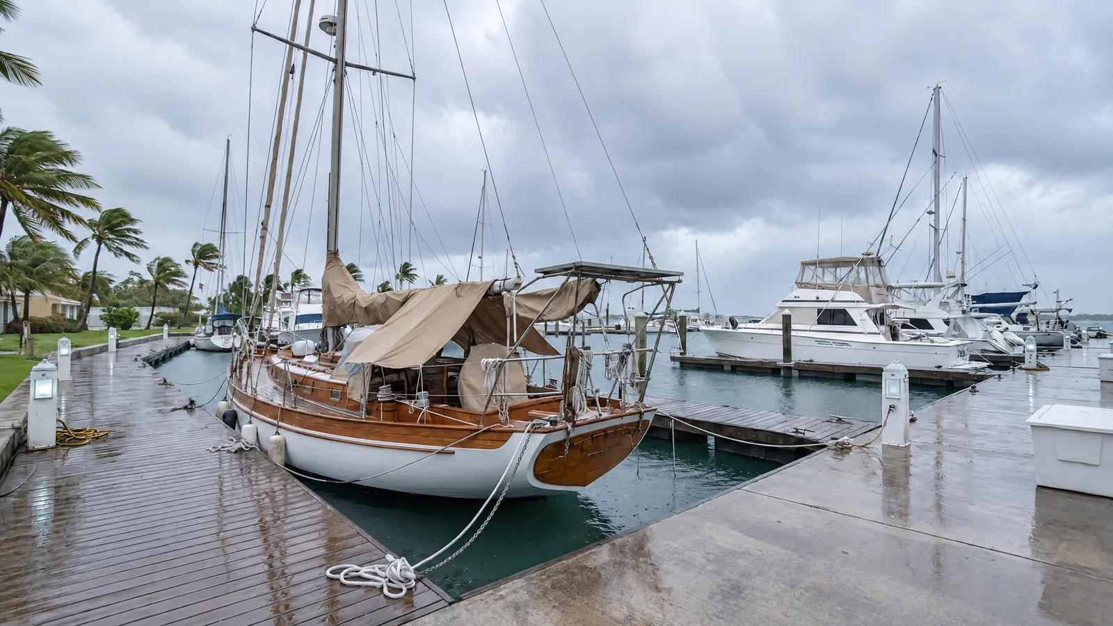 Ein tropischer Hafen unter schwerem Himmel, alle Boote abgeriggt und festgezurrt