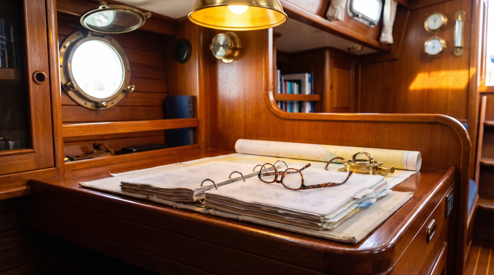 Aufgeschlagene Versicherungsunterlagen und eine Lesebrille auf dem Kartentisch einer Segelyacht