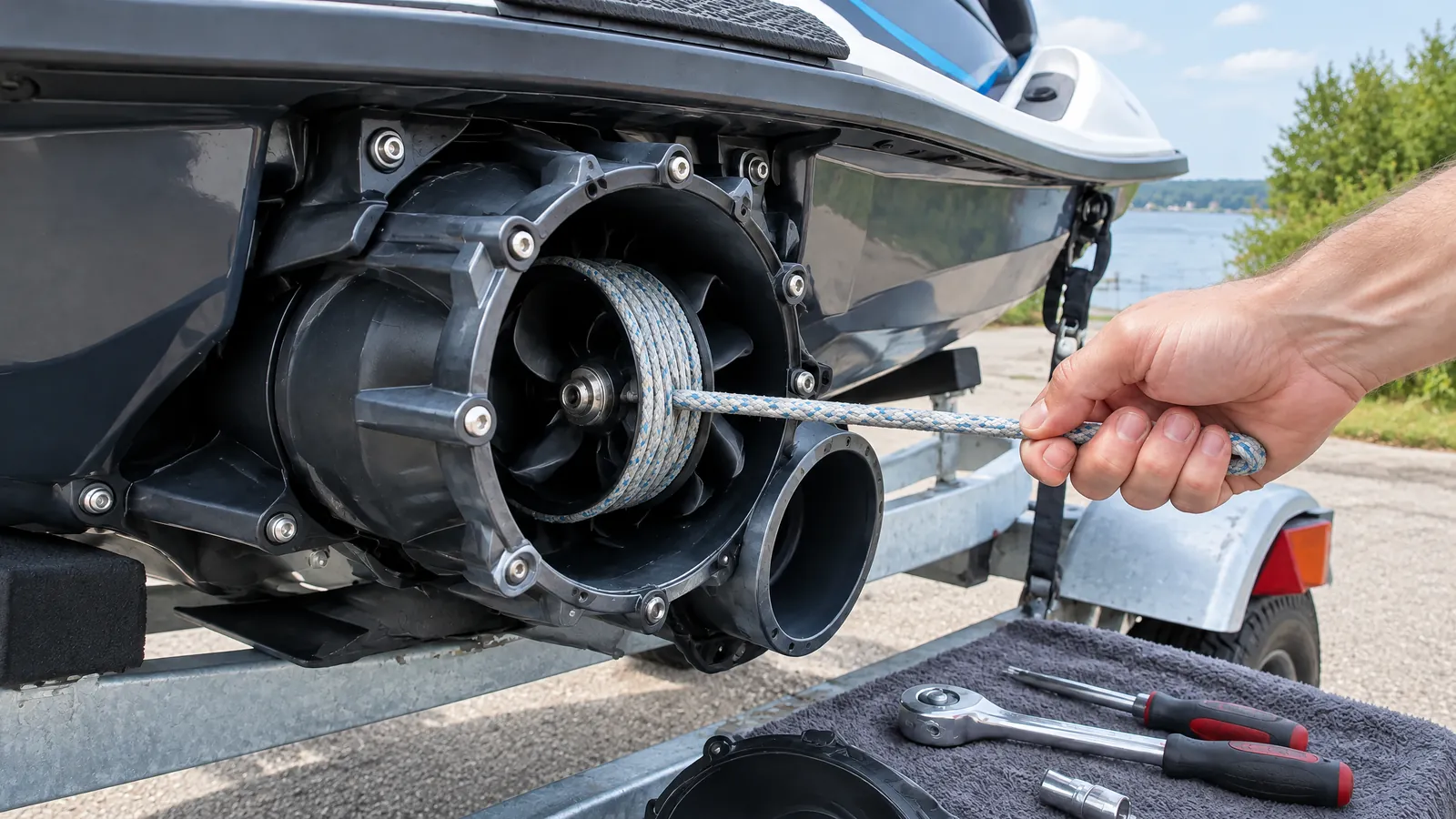 Eine Hand zieht eine aufgewickelte Leine aus dem Impeller der Jetpumpe eines Jetskis auf dem Trailer