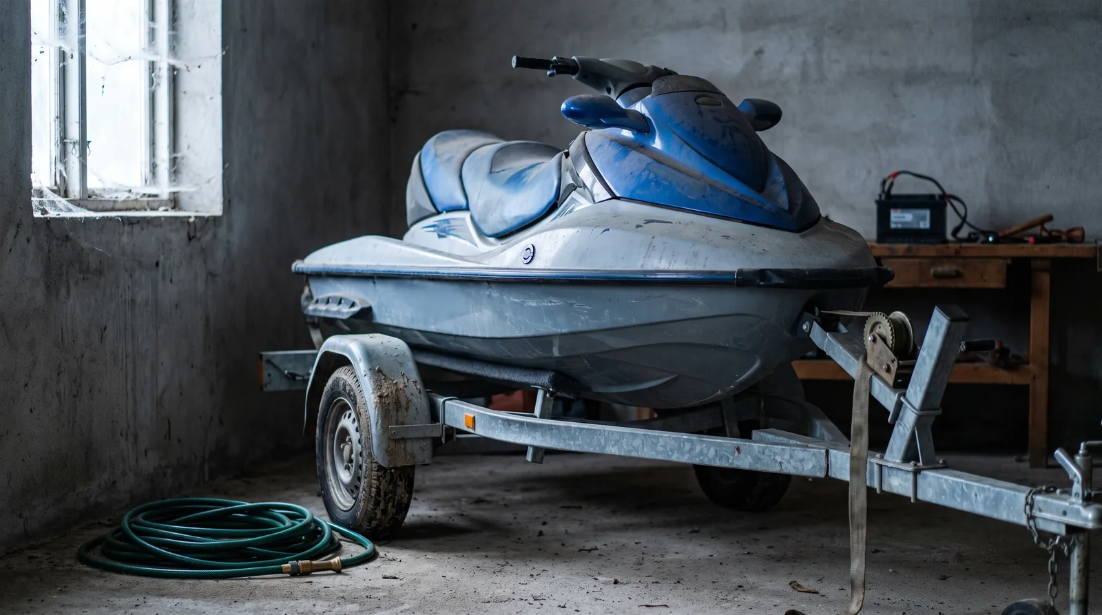Jetski auf dem Trailer in einer unbeheizten Halle im Winter, daneben ein aufgerollter Gartenschlauch und eine Batterie auf der Werkbank