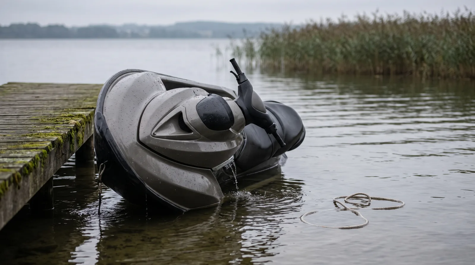 Ein Jetski liegt auf der Seite im flachen Wasser neben einem Holzsteg, Wasser läuft vom Rumpf ab