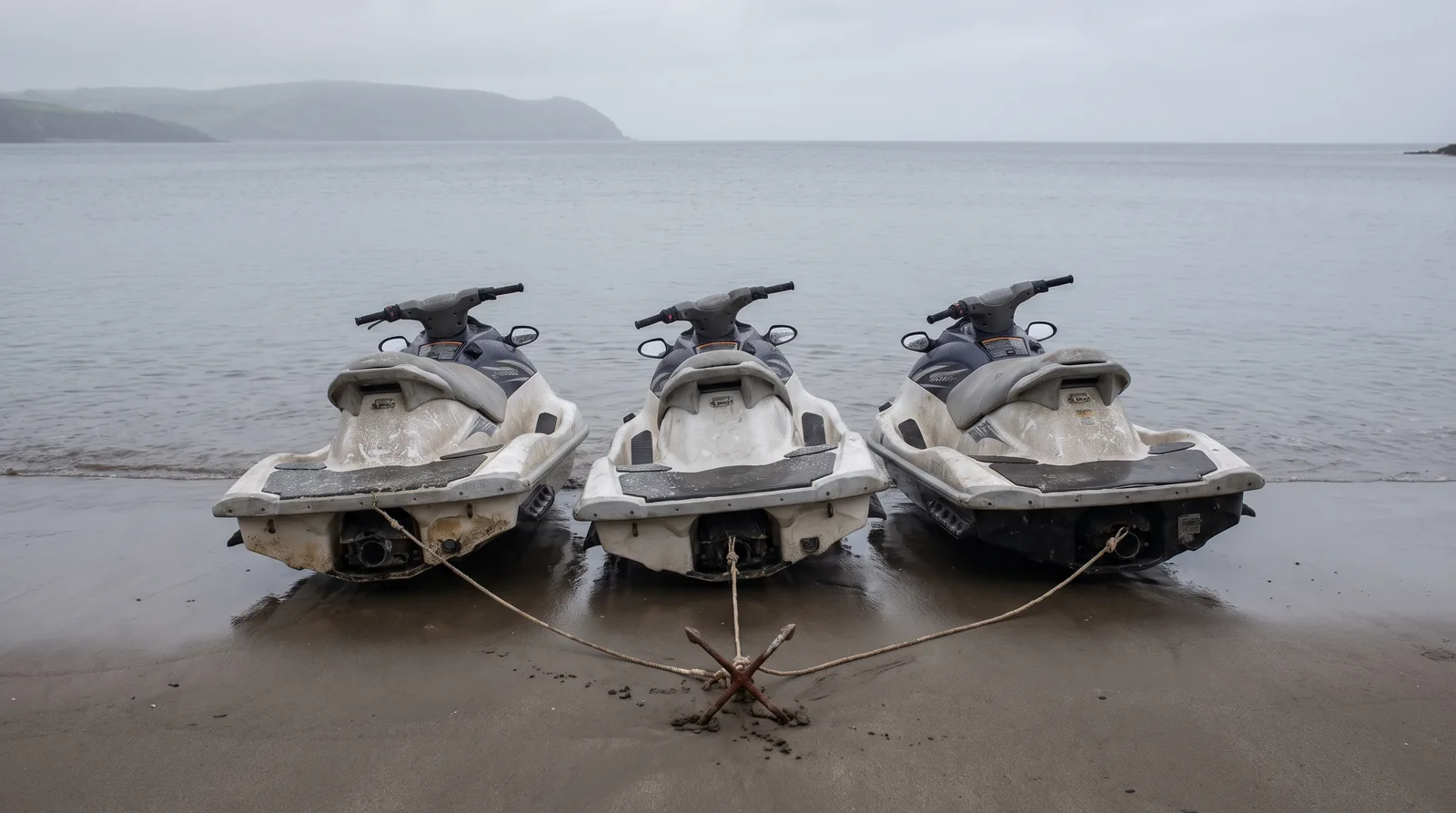 Drei Mietjetskis nebeneinander auf dem nassen Sand einer stillen Bucht, mit einer Leine an einem kleinen Anker gesichert