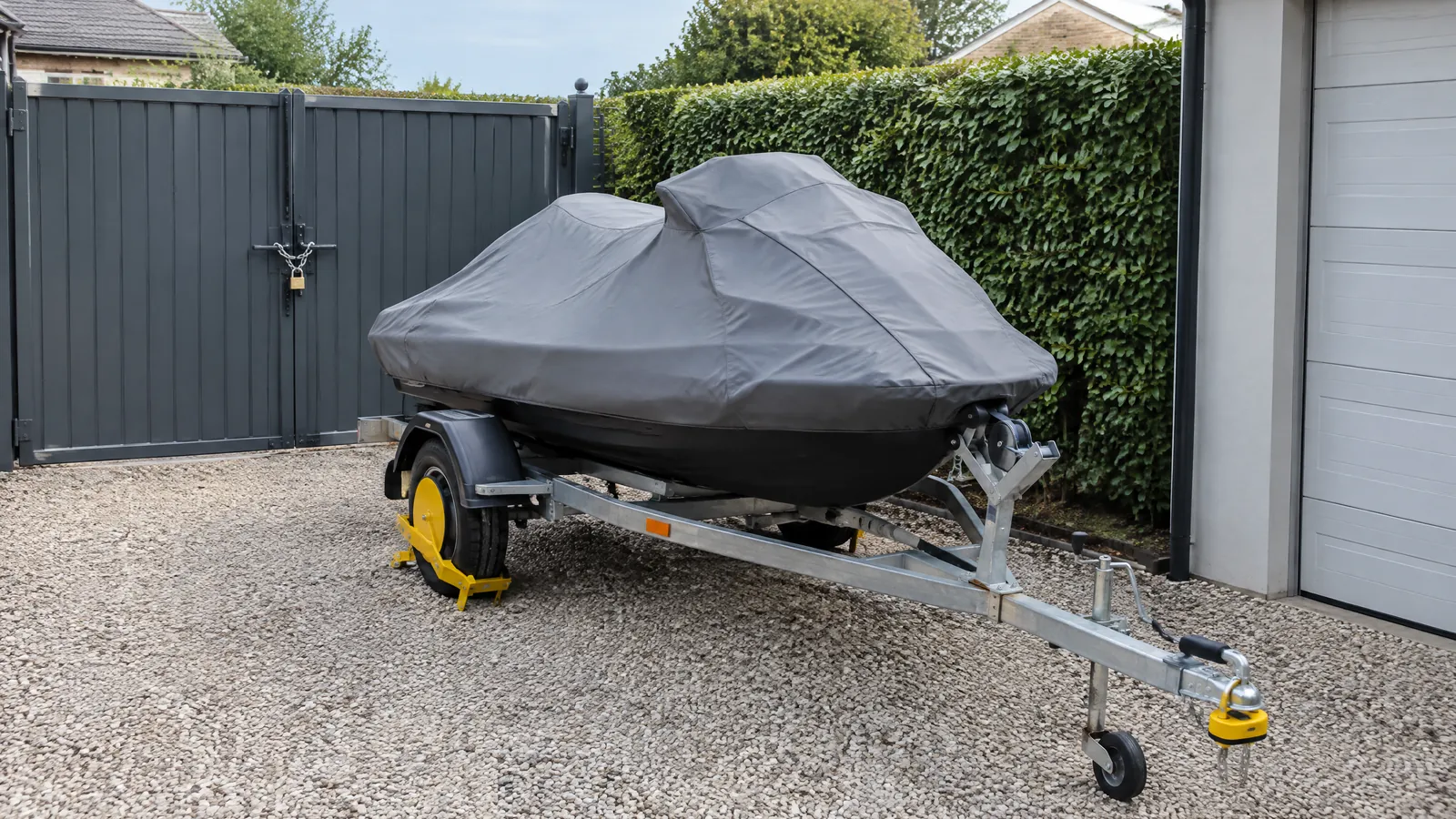 Ein abgedeckter Jetski steht auf dem Trailer in einem eingezäunten Hof, das Tor mit Vorhängeschloss gesichert, Radkralle und Kupplungsschloss angelegt
