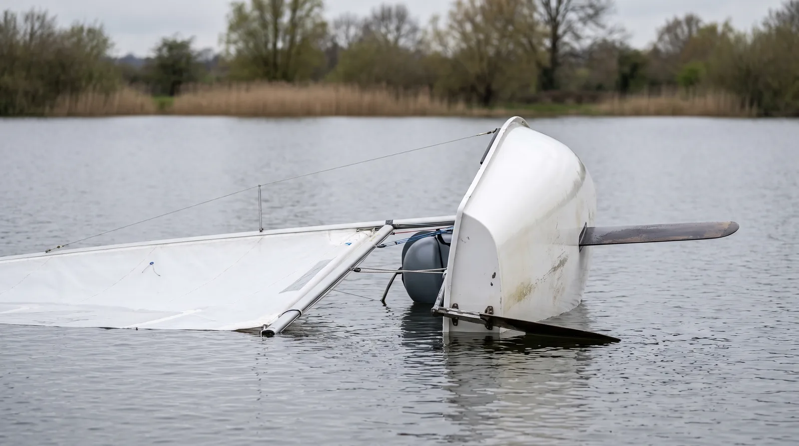 Eine weiße Segeljolle liegt gekentert auf der Seite in einem See, das Segel flach auf dem Wasser, das Schwert ragt waagrecht heraus, dahinter Schilf und Bäume