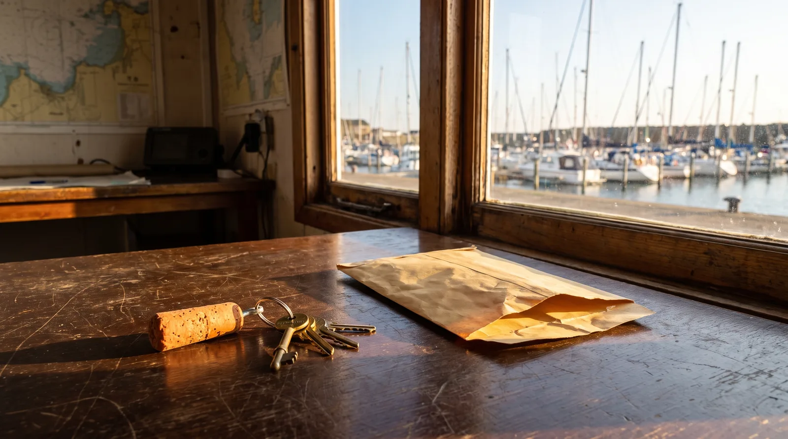 Ein Bootsschlüssel mit Schwimmanhänger und ein leerer Umschlag auf einem Holztisch vor einem Fenster mit Blick auf eine Marina