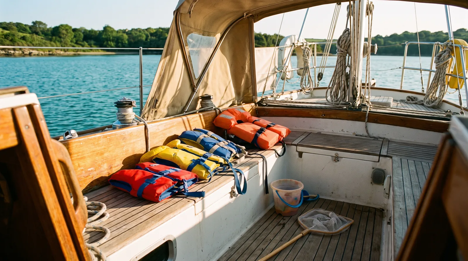 Bunte Kinderrettungswesten und ein Kescher auf der Cockpitbank einer Segelyacht vor Anker in einer Bucht