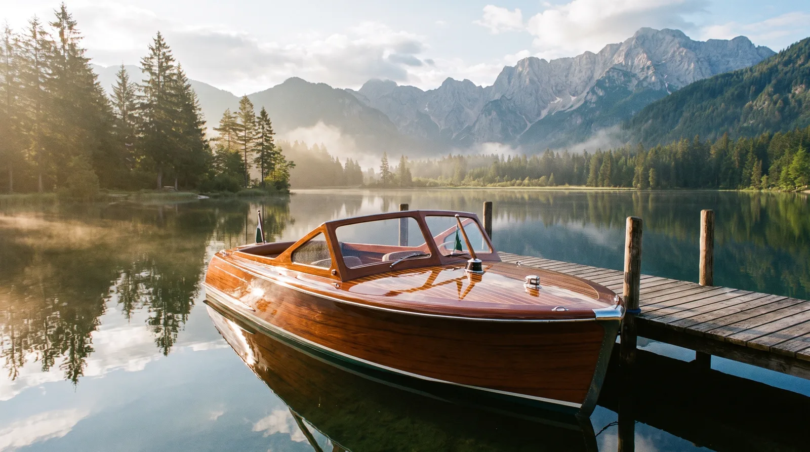 Restauriertes klassisches Mahagoni-Motorboot mit glänzendem Lack an einem Holzsteg auf einem Bergsee
