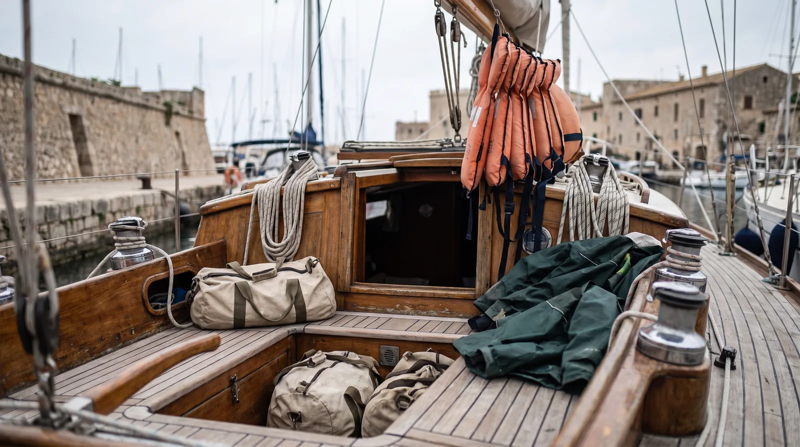 Gepackte Reisetaschen und eine Segeljacke im Cockpit einer hölzernen Segelyacht in einem alten Hafen, am Niedergang hängen orange Rettungswesten