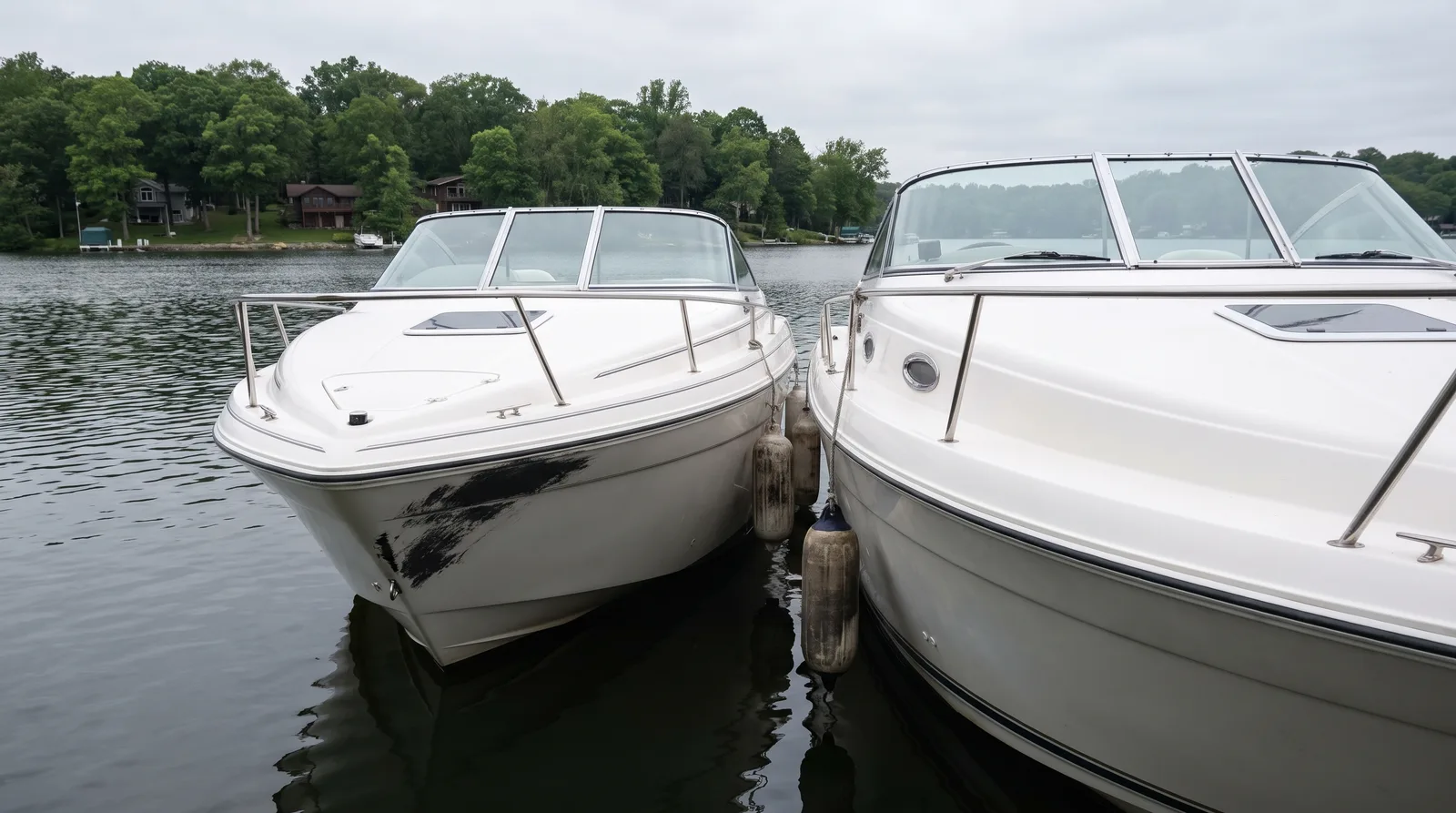 Zwei Motorboote nach einem leichten Zusammenstoß nebeneinander auf einem See