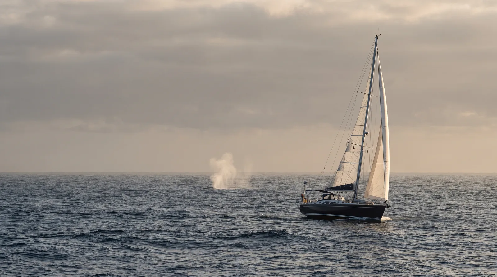 Fahrtenyacht unter Segeln auf offenem Atlantik, in der Ferne der Blas eines Wals über dem Wasser