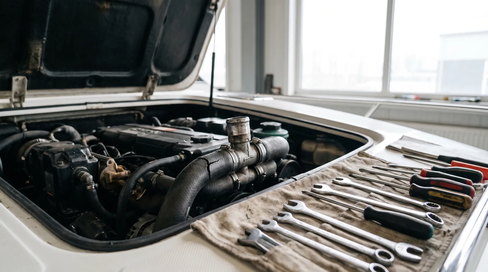 Gerissenes Metallteil an einer Schlauchschelle im geöffneten Motorraum einer Motoryacht