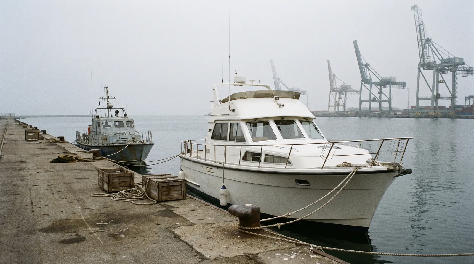 Motoryacht allein an einer Kaimauer in einem fremden Hafen mit grauem Behördenboot daneben