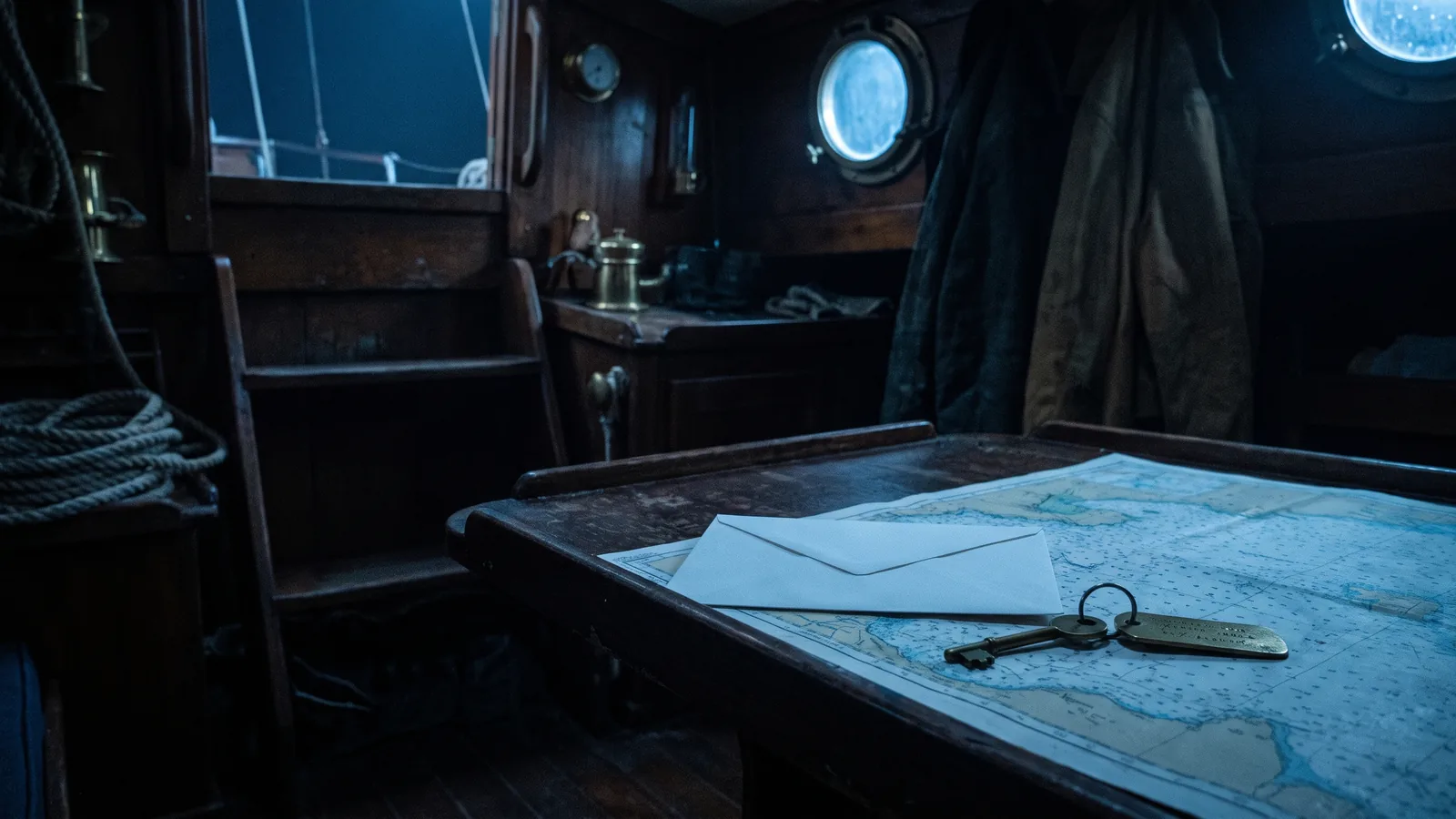 An unopened white letter on a dark saloon table next to a boat key