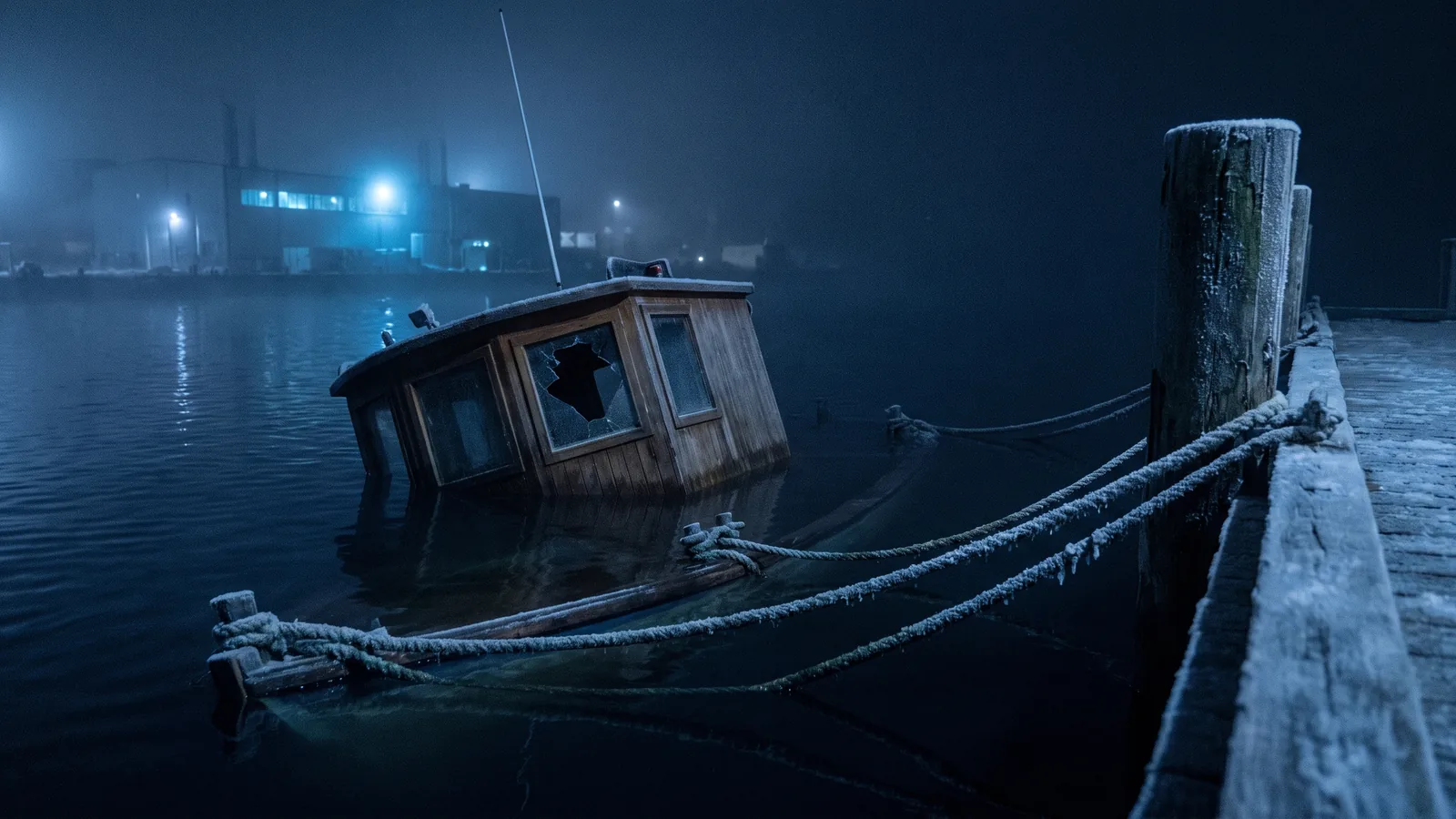 A boat sunk at its berth at night, only the coachroof showing above the black water