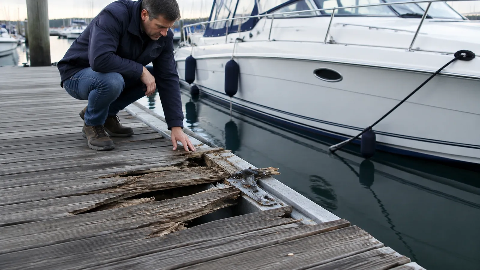 A man inspecting splintered planks on a damaged pontoon, a motorboat moored alongside