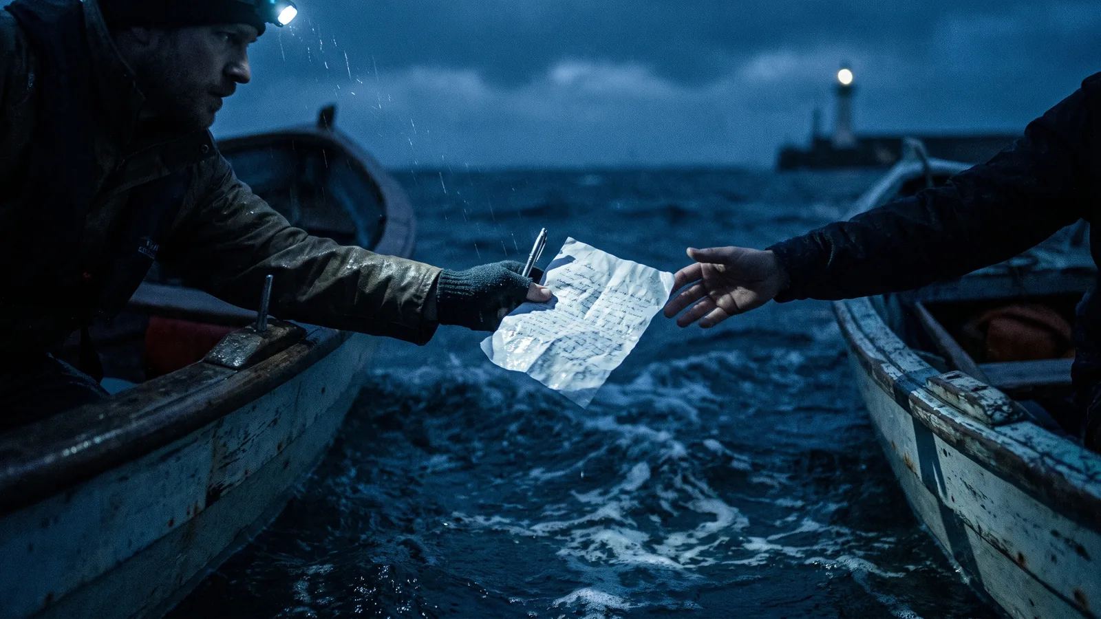 A wet sheet of paper and a pen being passed from one boat to another in a rough sea