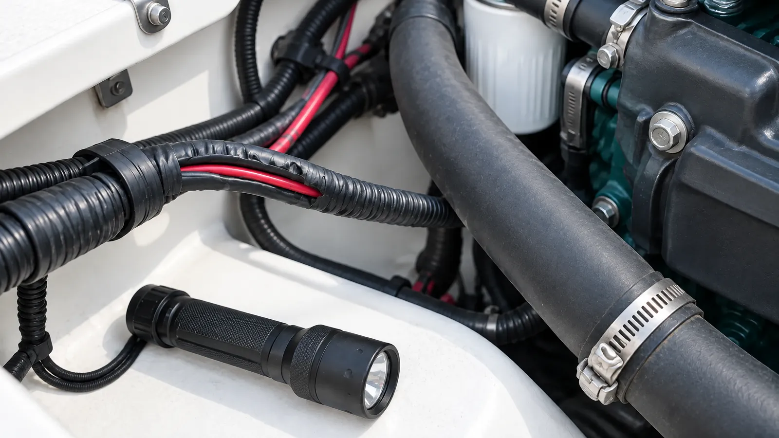 Angenagte Kabelisolierung im Motorraum eines Bootes, daneben eine Taschenlampe