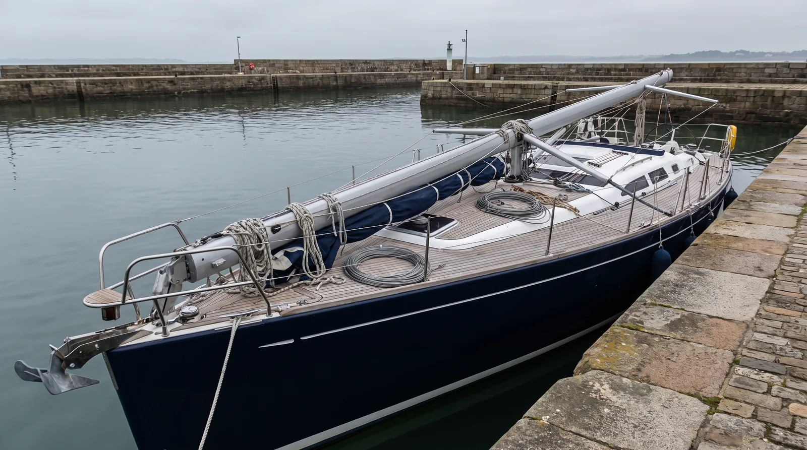 Segelyacht ohne aufrechten Mast an einer Steinpier, der Mast liegt längs an Deck festgezurrt