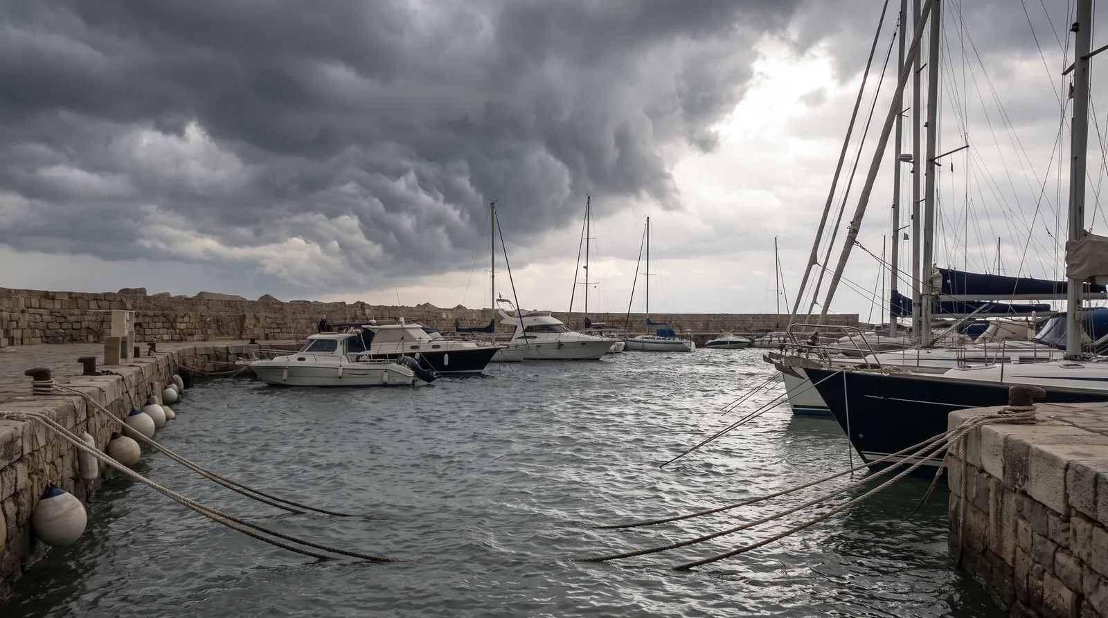 Dunkle Sturmwolken über einem Hafen im Mittelmeer mit doppelt festgemachten Yachten