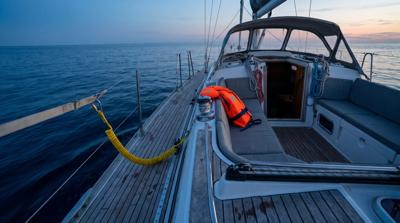 Leeres Heck einer Segelyacht zur blauen Stunde mit Reling, Strecktau und eingepicktem Lifebelt