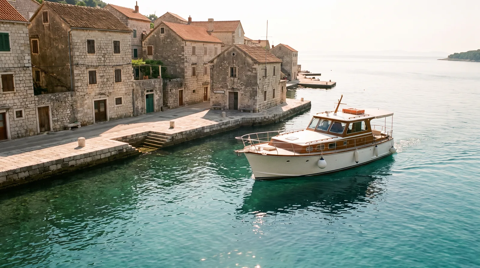 Motor yacht entering a small Adriatic harbour with stone houses and a harbour office
