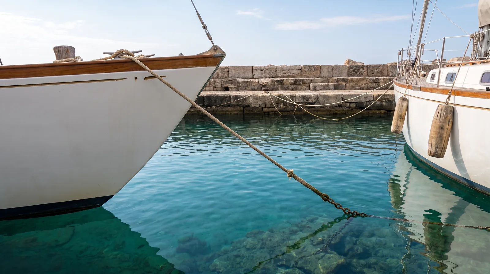 Muringleine führt aus klarem Wasser zum Bug einer Segelyacht an einer Steinpier