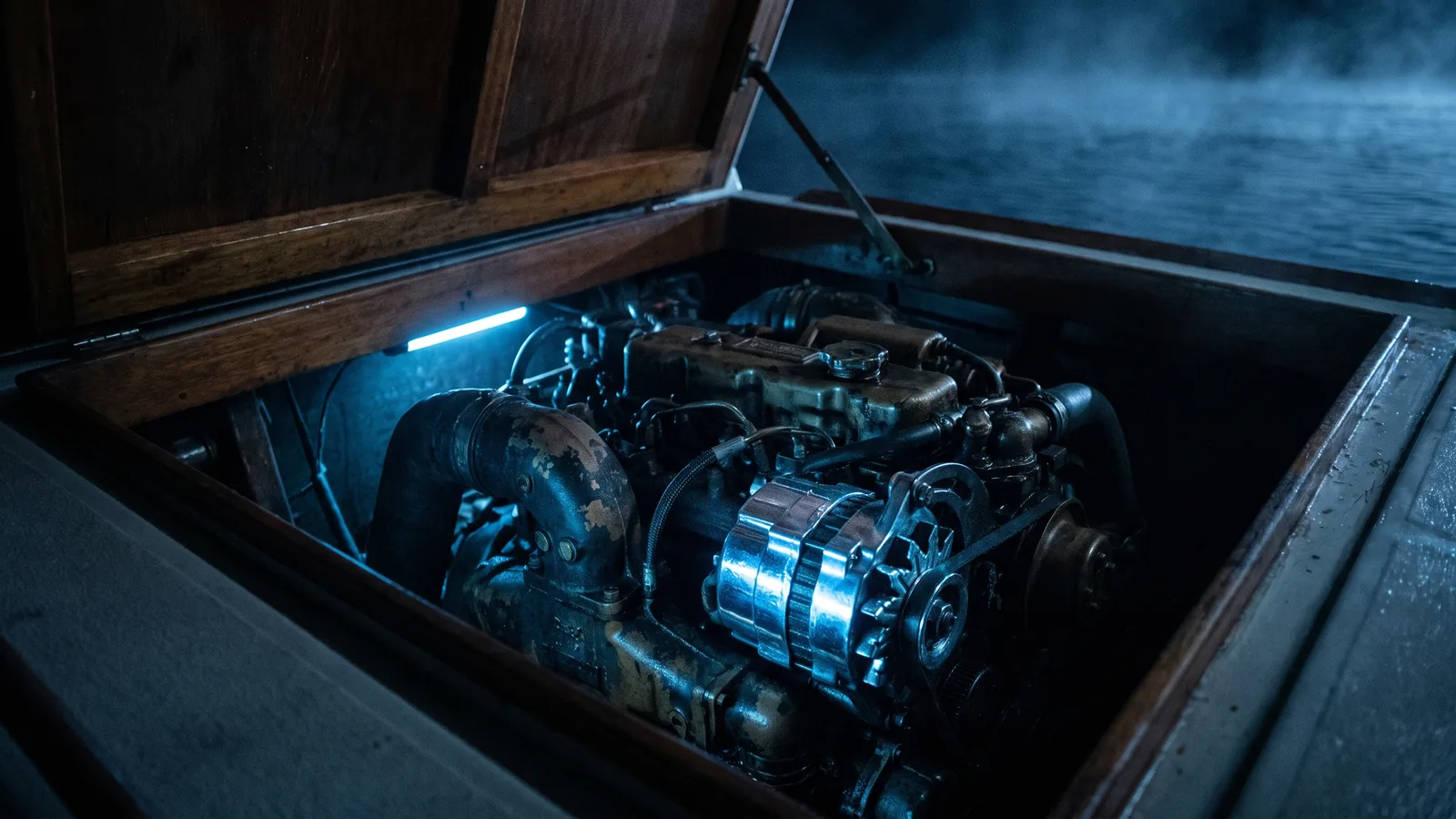 The open engine hatch of a boat at night, one new part shining among older ones