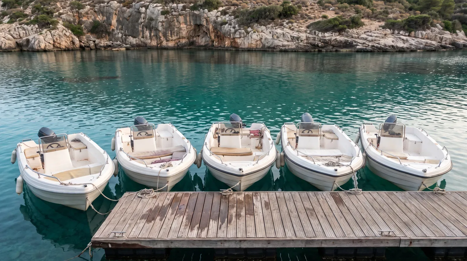 Fünf kleine weiße Mietboote mit Außenbordern nebeneinander an einem Holzsteg in einer Bucht mit türkisem Wasser