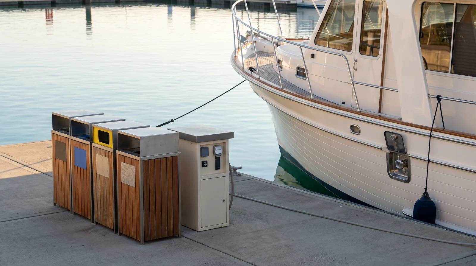 Mülltrennung und Absauganlage für Fäkalientanks auf einem Steg neben einer Motoryacht