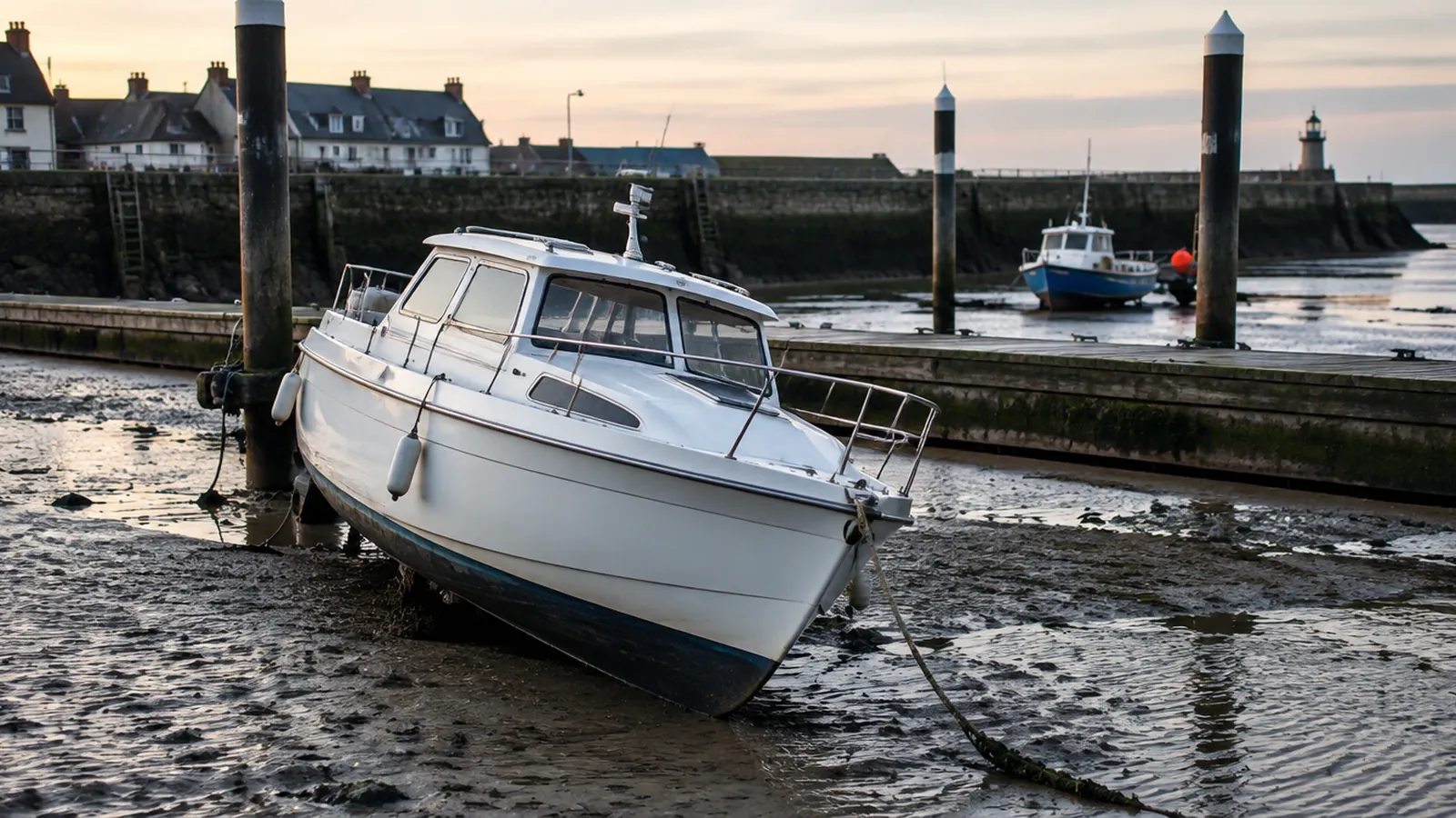 A motorboat leaning at its own berth on the mud at low tide