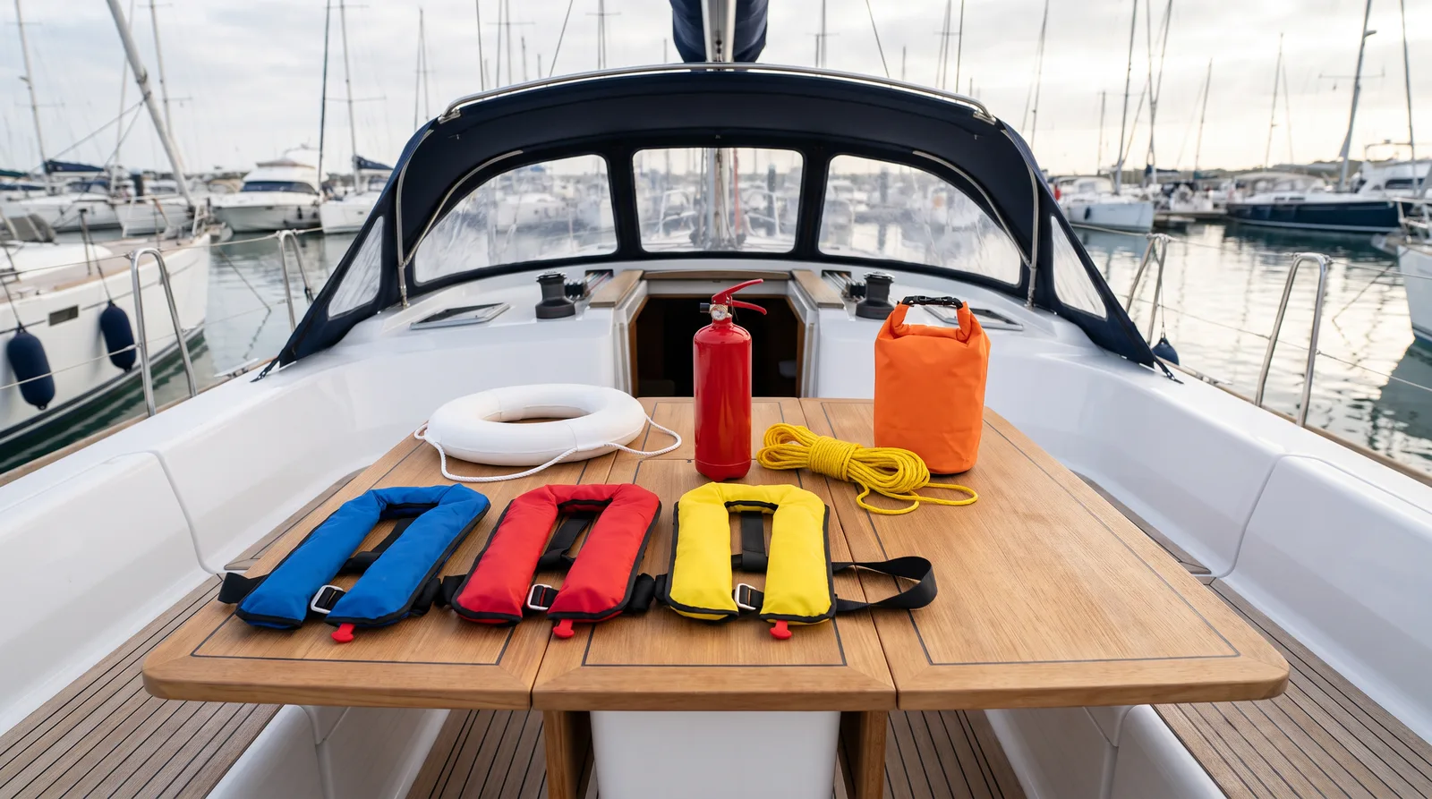 Rettungswesten, Feuerlöscher, Rettungsring und Notfalltasche im Cockpit einer Segelyacht vor dem Ablegen