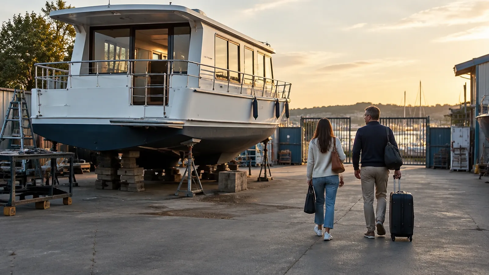 Ein Hausboot steht zur Reparatur an Land in der Werft, ein Paar geht mit Koffer zum Tor