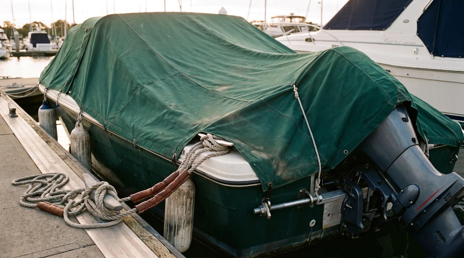 Abgedecktes Motorboot im Hafen mit gesichertem Außenborder und sauber belegten Festmachern