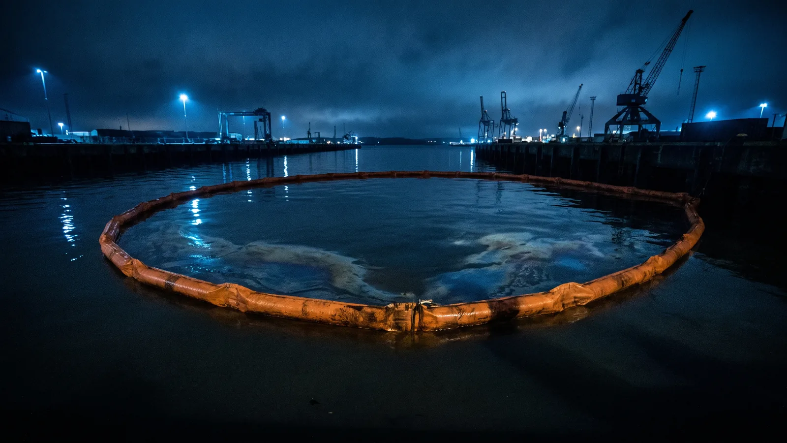 An orange containment boom lies in a ring on black harbour water