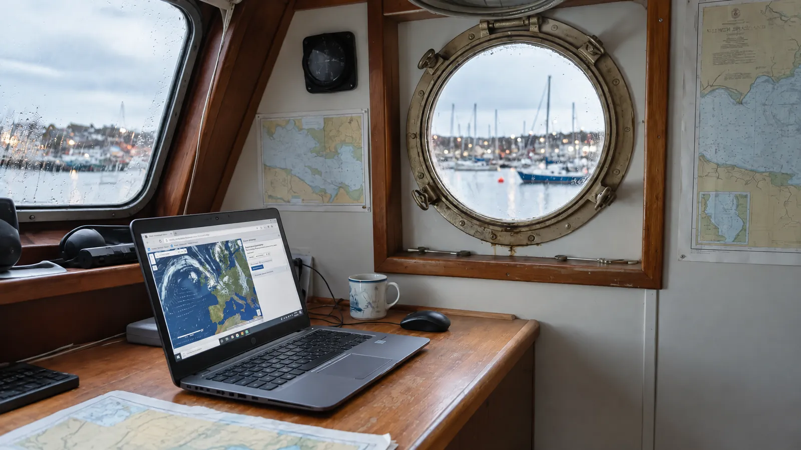 Ein Laptop auf dem Kajüttisch, Tageslicht fällt durch die Fenster