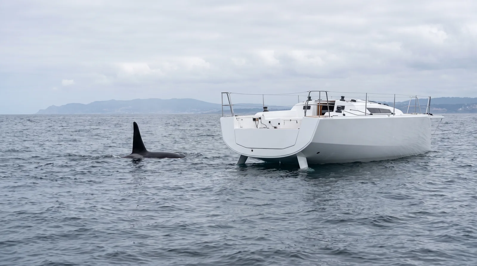 Rückenflosse eines Orcas im Atlantik dicht am Heck einer Segelyacht