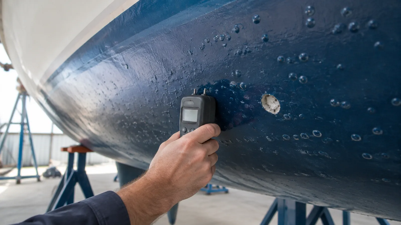 Osmosis blisters in the gelcoat of a yacht ashore, a surveyor measuring the moisture