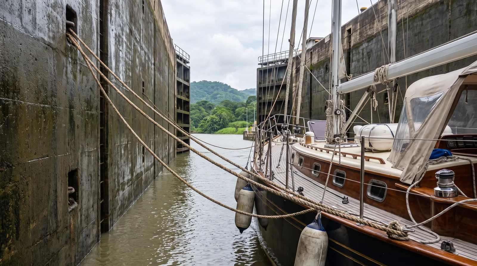 Segelyacht mit Fendern und langen Leinen in einer großen Schleusenkammer